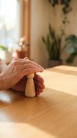 Protective hands cupping wooden figure on table in warm sunlit room with plants. Concept of care, security, insurance and human protection.