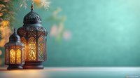 Glowing oriental lanterns with ornate metalwork casting warm light against turquoise background, creating festive Ramadan atmosphere.