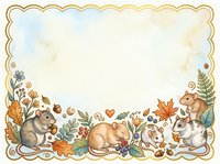 Autumn woodland animals border frame with squirrels, hedgehog and forest creatures on watercolor background for seasonal greeting cards and invitations.