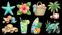 Tropical summer beach elements collection isolated on transparent background, ready for t-shirt design, clipart, stickers, sublimation and print-on-demand products.