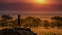 Meerkat standing upright on a rock at golden sunset over African savanna, warm orange sky and acacia trees in the background.