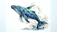 Watercolor whale with splashing water effects, isolated on white background, suitable for marine wildlife designs, educational materials, and decorative artwork.