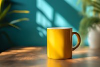 Yellow ceramic mug on wooden table with natural window light casting shadows, green wall background creates modern minimalist morning atmosphere.