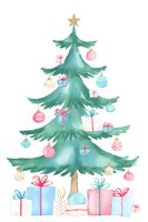 Watercolor Christmas tree with ornaments, gold star topper, and wrapped presents underneath for holiday greeting cards and seasonal designs.