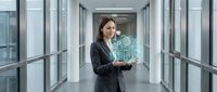 Professional businesswoman using digital technology interface in modern office corridor for corporate innovation and data management solutions.