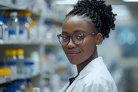 Young African American female scientist or medical professional wearing glasses and lab coat smiles confidently in research laboratory setting with equipment in background.
