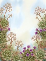 Watercolor botanical frame with green succulents and purple wildflowers on soft pastel background, perfect for cards, invitations, and wall art.