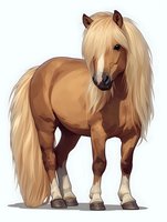 Palomino pony with flowing blonde mane and tail standing in gentle pose against white background, illustrated in soft digital art style for children's books and decorative use.