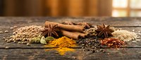 Aromatic spices and herbs arranged on rustic wooden surface including cinnamon sticks, star anise, turmeric powder, coriander seeds for cooking and seasoning.