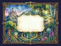 Enchanted fairy tale frame with castle, magical forest, flowers and ornate golden border. Fantasy storybook template with blank space for text or photos.