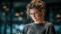 Young blonde businesswoman with glasses writing notes in modern office environment with warm bokeh lighting background.