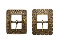 Ornate brass belt buckles with intricate scrollwork detailing and rectangular frames, isolated on white background, suitable for fashion design, costume creation, and historical garment projects.