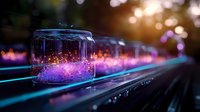 Glowing glass jar with magical purple light and sparkles on illuminated surface against blurred bokeh background creates mystical atmosphere.