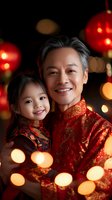 Asian father and daughter wearing traditional red cheongsam outfits smile warmly during lunar new year celebration with glowing lanterns and festive bokeh lights.