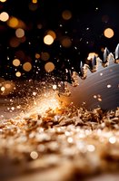 Circular saw blade cutting through material creates dramatic shower of golden sparks and metal shavings against dark background with bokeh light effects.