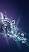 Futuristic mechanical gears and cogs with glowing energy effects on purple blue gradient background for technology and innovation concepts.