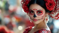 Young Hispanic woman with traditional Day of the Dead sugar skull makeup wearing red roses and ornate jewelry for cultural celebration and festival.