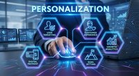 Business professional touching holographic personalization interface with digital marketing icons in modern office environment for customer targeting strategies.