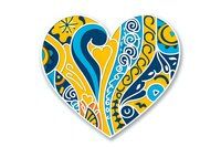 Decorative heart shape filled with swirling blue and yellow paisley patterns, ornamental flourishes, and abstract floral elements on white background, isolated design element.