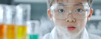 Young Asian female scientist in protective goggles and lab coat observing colorful liquid samples in test tubes amid laboratory vapor and fog.