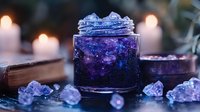 Mystical glass jar filled with purple crystals and cosmic galaxy design, illuminated by glowing candles against dark background. Magical spiritual atmosphere.