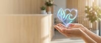 Hand holding glowing neon heart symbol with leaf design in modern interior space, representing eco-friendly love, sustainability, and environmental care concept.
