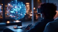 Young man wearing virtual reality headset interacting with glowing digital sphere projection displaying data visualization and network connections in dark room.