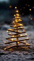 Glowing spiral Christmas tree made of twigs and fairy lights on snowy ground with magical bokeh effect and sparkles in dark winter night background.