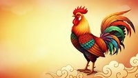 Colorful rooster with vibrant plumage standing proudly on decorative clouds against warm golden sunrise background for zodiac and farming themes.