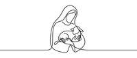 Mother holding newborn baby in tender embrace, continuous line art drawing on white background isolated for design use.