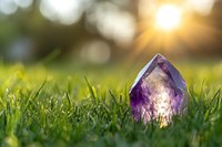 Raw amethyst crystal point resting in fresh green grass with golden sunlight and bokeh background, spiritual wellness and natural healing concept.