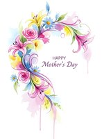 Happy Mother's Day greeting card with colorful watercolor flowers, roses and decorative swirls on white background for celebration and gift design.