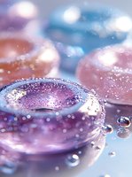 Dreamy macro photography of purple glass rings with water drops and bokeh effects in soft pink and blue tones creating magical atmosphere.