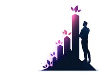 Silhouette of businessman standing on growing bar chart with organic leaf elements, representing sustainable business growth and eco-friendly development.