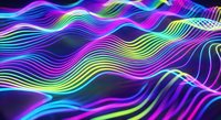 Abstract neon waves flowing in vibrant purple, pink and green colors creating dynamic digital art background for modern design projects.