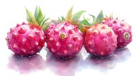 Fresh dragon fruit lined up showing vibrant pink skin and green leaves, painted in soft watercolor style with delicate shadows and reflections on white surface.