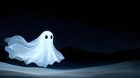 Glowing white ghost figure floating over misty dark landscape at night, spooky supernatural character with flowing ethereal form against moonlit mountains.