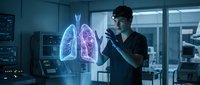 Male doctor examining holographic lung anatomy in modern medical facility using advanced digital technology for respiratory system analysis.