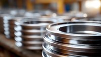 Macro view of polished metal rings or bearings in manufacturing facility showing industrial precision engineering with selective focus and bokeh background.