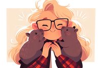 Happy young woman with glasses and blonde hair holding two pet hamsters that kiss her cheeks, wearing red plaid shirt, cute cartoon illustration style.
