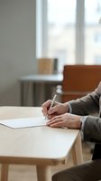 Businessman in formal attire writing on blank paper at wooden desk in bright office with window view, suitable for business, corporate, and professional concepts.