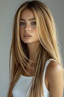Young woman with long blonde hair, freckles and natural makeup wearing white tank top against light background, soft studio lighting creates gentle shadows.