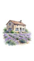 Watercolor painting of rustic stone farmhouse with lavender field in Provence style, isolated on white background for design projects.