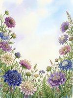 Watercolor wildflower border with purple, blue, and pink blooms framing a soft sky background, perfect for greeting cards and invitations.