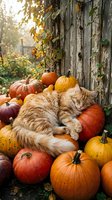 Orange tabby cat sleeping peacefully among colorful autumn pumpkins and gourds by rustic wooden fence with golden sunlight and fall foliage creating cozy harvest scene.