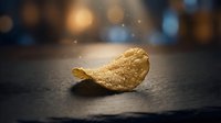 Single golden potato chip on dark surface with warm bokeh lights background for snack food advertising and culinary marketing campaigns.