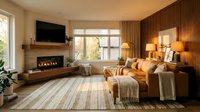 Cozy living room with warm wood paneling, leather seating, fireplace, and large windows overlooking autumn landscape, ideal for interior design and home decor projects.