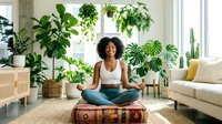 Young woman with curly dark hair and medium brown skin tone meditating in lotus position on vintage suitcase surrounded by potted plants in bright living room for wellness and mindfulness content.