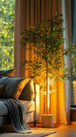 Cozy living room interior with artificial plant in white pot, illuminated by warm sunset light through curtains. Gray sofa with throw blanket creates relaxing atmosphere.