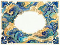 Ornate decorative frame with swirling blue and gold patterns surrounding blank oval center space for text or design elements on white background.